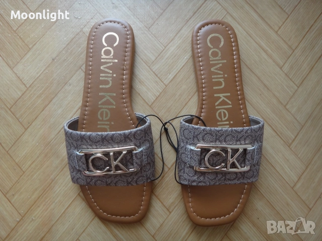 Нови оригинални чехли Calvin Klein номер 35 и 36 в кафяво и бежово с метално лого, снимка 2 - Чехли - 52525430