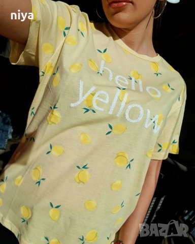 Тениска със лимони и надпис Hello Yellow във жълт цвят, снимка 2 - Тениски - 29288950