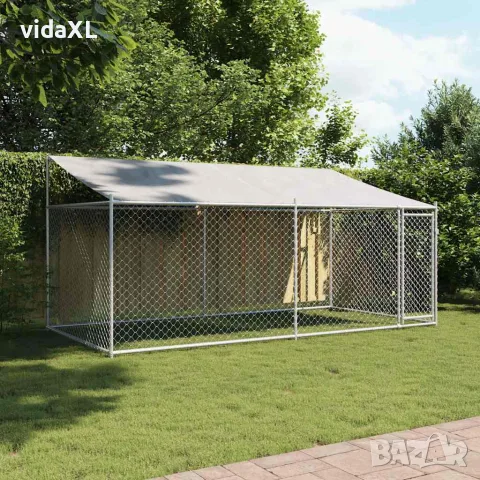 vidaXL Кучешка клетка с покрив и врата сив 4x2x2 м поцинкована стомана, снимка 3 - За кучета - 56146783