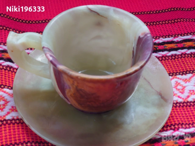 Уникален комплект от пакистански Оникс - 3 чаши с чинийки + 2 декоративни сфери, снимка 3 - Други - 54125547