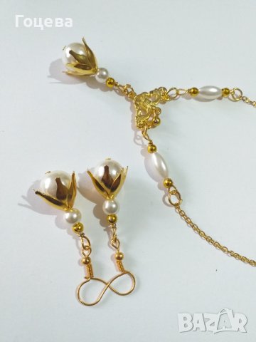 Разкошен комплект бижута обици и колие с кристални перли и красиви орнаменти в цвят злато , снимка 5 - Бижутерийни комплекти - 39040593