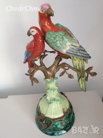 41см-3кг китайска порцеланова фигура с бронз/птици-папагали/Wong Lee 1895/стара статуетка