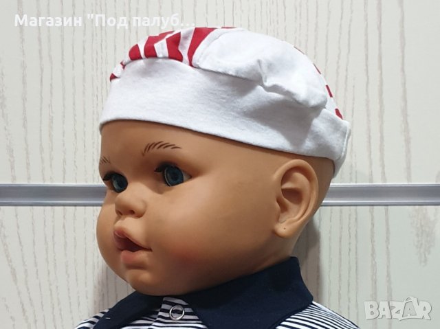 Нова моряшка шапчица тип барета червено и бяло райе, възраст до 6 месеца, снимка 3 - Бебешки шапки - 29976215