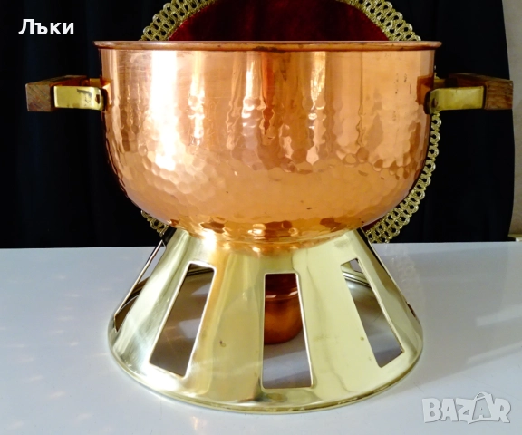 Медна тенджера със стойка,меден спиртник,фондю. , снимка 2 - Антикварни и старинни предмети - 52496138