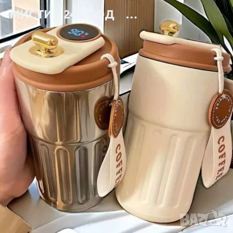 Smart Термо Чаша Вакуумно Изолирана от Неръждаема Стомана с LED Дисплей Сребриста с Кафя, снимка 3 - Чаши - 48803130