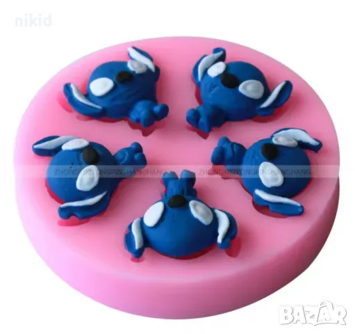 5 малки Стич Stitch силиконов молд форма фондан шоколад декор 