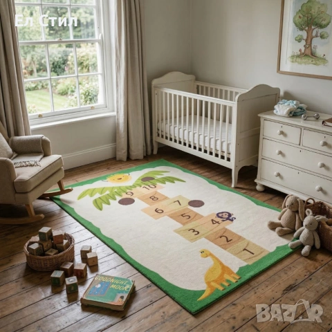 Детски килим за игра 120х160см - Бял килим с динозавър и дама-палма, противоплъзгащ и миещ се, снимка 4 - Други - 53928226