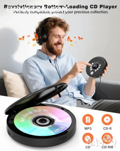 Преносим Bluetooth CD плейър Greadio CD37 със слушалки и вградени високоговорители, 2000 mAh, снимка 5 - MP3 и MP4 плеъри - 56145296