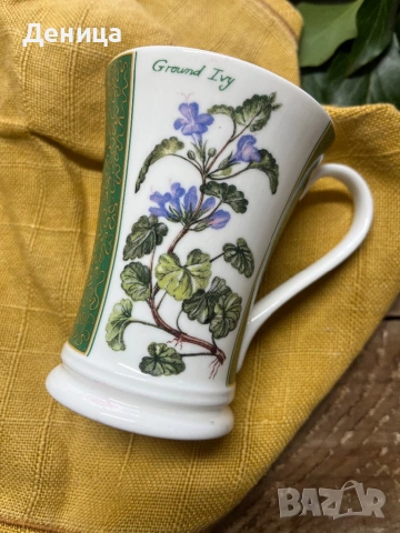 Чаша за чай от фин костен порцелан Crown Trent с ботаническа илюстрация „Ground Ivy“.  , снимка 5 - Чаши - 53311155