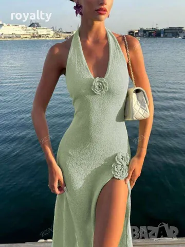 Рокля от плетен тъкан плат в ментово зелено с рози 🍈🍋‍🟩