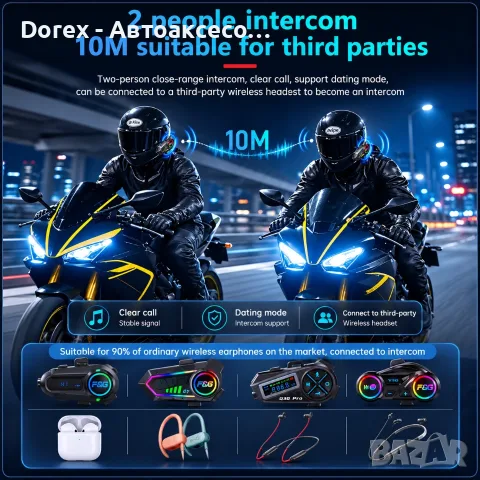 Комплект 2 бр. интеркоми за каска Bluetooth 6.0, сдвояване помежду им, CVC + DSP шумопотискане, LED , снимка 13 - Аксесоари и консумативи - 55990819
