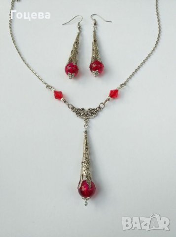 Разкошен Викториански комплект колие и обеци с рубинено червени кракъл мъниста и изящни орнаменти, снимка 7 - Бижутерийни комплекти - 29920816