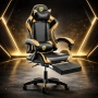 Черен геймърски стол с златисти акценти и разтегляема поставка за крака – луксозен комфорт , снимка 2