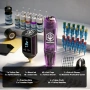 Нов Професионален тату комплект безжична машина 1200mAh писалка мастила игли кожа, снимка 6