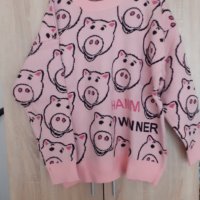 Oversized Harajuku Пуловер розов прасета pig winner, снимка 2 - Блузи с дълъг ръкав и пуловери - 36950503