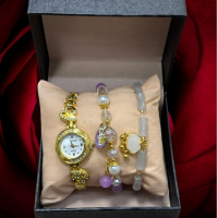 Подаръчен дамски комплект от часовник с камъни цирконии и два броя гривни от естествени камъни , снимка 5 - Гривни - 44545330
