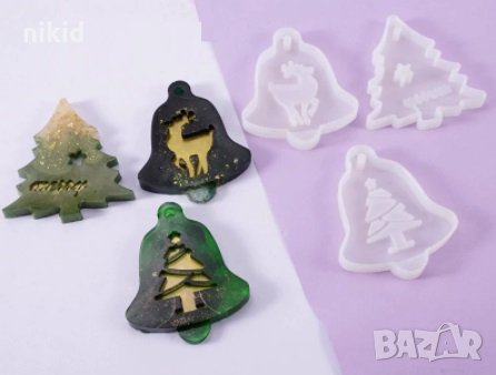 3 вида Коледен Силиконов молд форма Елха Камбана елен с вдлъбнатина за фондан шоколад смола висулка, снимка 1