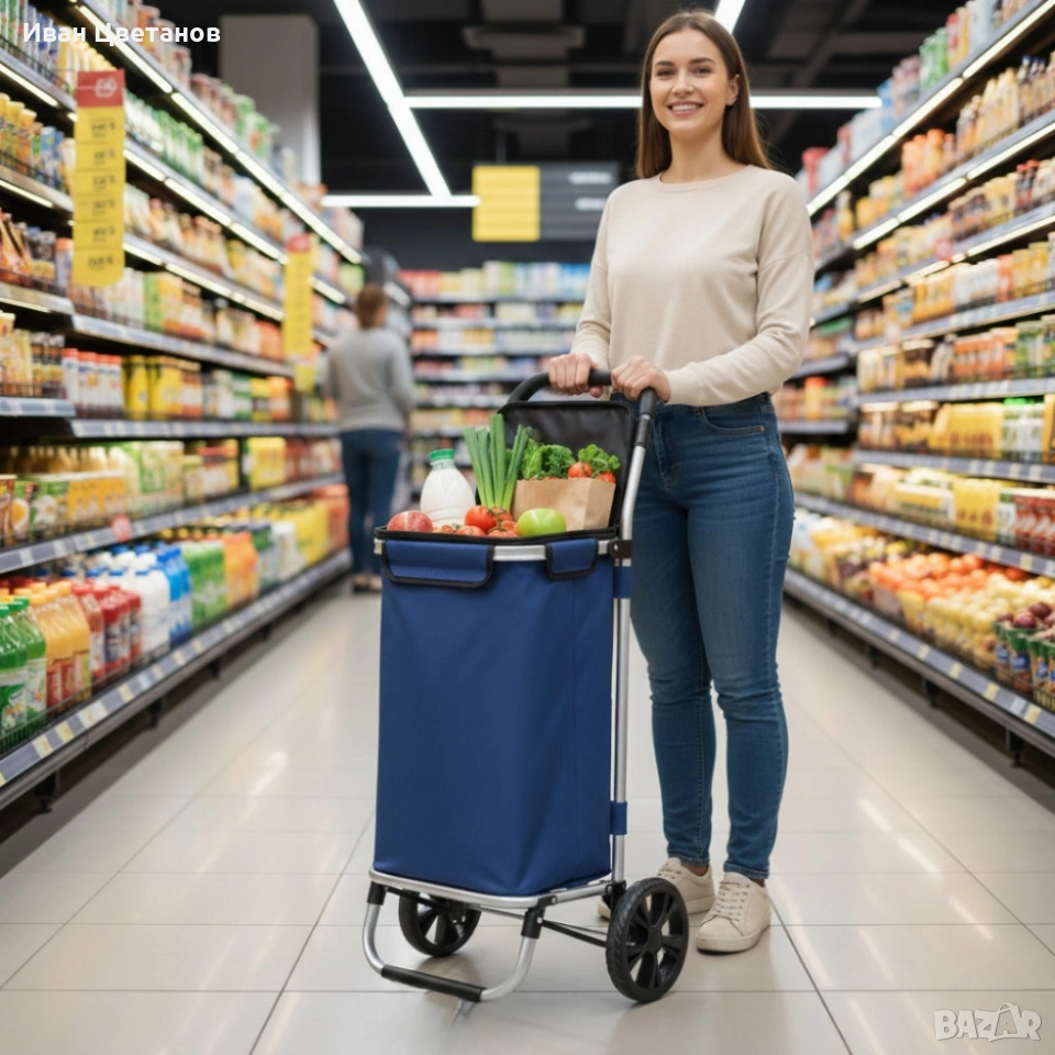 Количка за пазаруване – 40 л, водоустойчива, лека и удобна с 2 колела, снимка 1