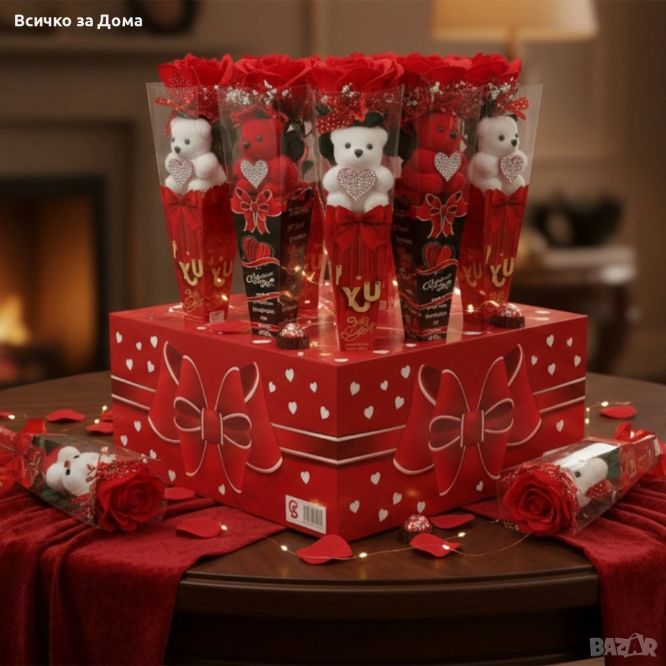 Романтичен букет с мече и червени рози, снимка 1