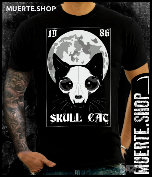 Черна тениска с щампа SKULL CAT 1986 , снимка 1