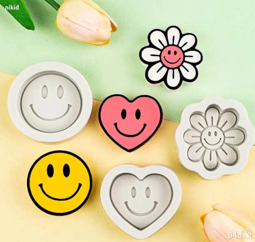 emoji smile еможи усмивка цвете маргаритка сърце лице силиконовмолд форма шоколад гипс сапун фондан , снимка 1