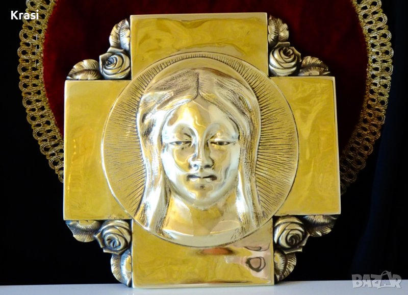 Авторска бронзова икона Дева Мария,Кръст,1.6 кг. , снимка 1