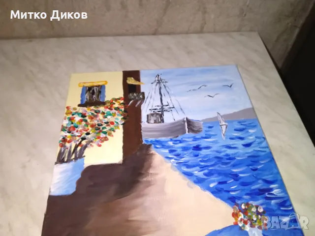 Картина пейзаж акрилни бои Кораб в морето 33х47см, снимка 7 - Декорация за дома - 50303409