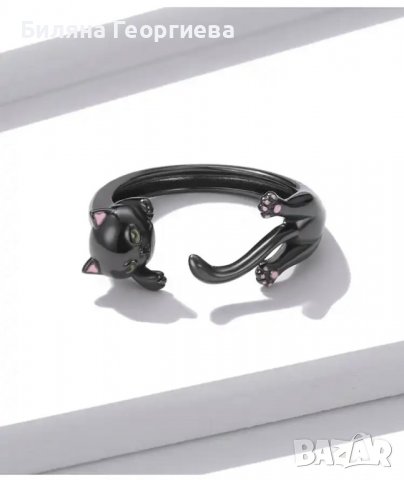Сребърен пръстен черна котка Модел 024, снимка 4 - Пръстени - 40052842