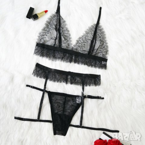 НОВИ! Дантелен черен комплект с жартиери С-ХЛ, снимка 2 - Бельо - 7486775