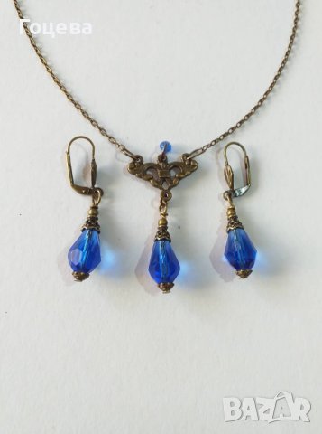 Разкошен комплект бижута с кралско сини капки от Венецианско стъкло и бронзови орнаменти, снимка 1 - Бижутерийни комплекти - 40711991