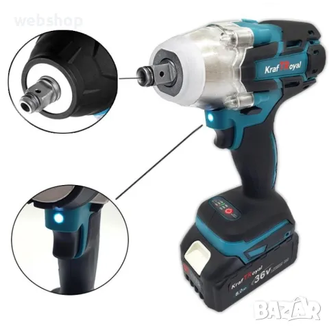 Комплект ударен гайковерт KRAFTROYAL, 850 Nm, 36V, 8 Ah, 2800 rpm, 2 батерии, 1 зарядно, Куфар, снимка 4 - Куфари с инструменти - 49589127