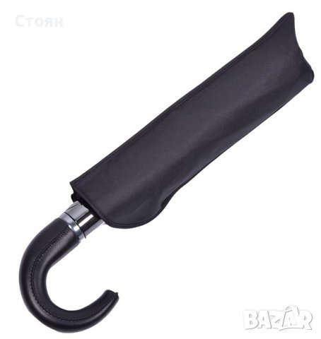 Автоматичен сгъваем чадър за дъжд Черен с кожена дръжка 36,5 см, снимка 4 - Други - 42876881