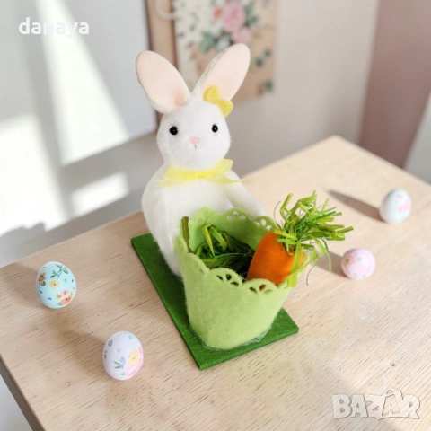6512 Великденска декорация зайче с кошничка и морков, 12x10x5.5 см, снимка 2 - Декорация за дома - 53900780