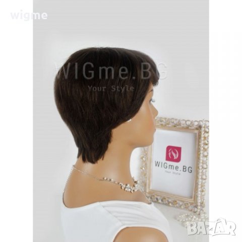 Къса тъмнокестенява перука от естествен косъм с бретон Вики, снимка 5 - Аксесоари за коса - 34515315