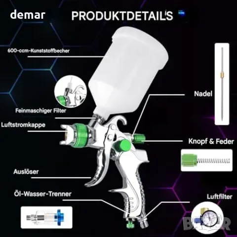 HVLP пистолет за боядисване с чаша 600ml и 3 дюзи, снимка 4 - Полирмашини - 55776043