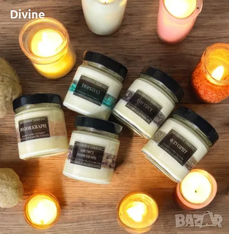 Ръчно изработени свещи с вградени естествени камъни , снимка 1