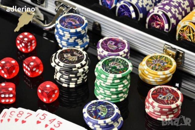 Комплект за Покер, куфар, чипове, зарове, тестета, 500 чипа, закръглени чипове, снимка 5 - Други игри - 34150192