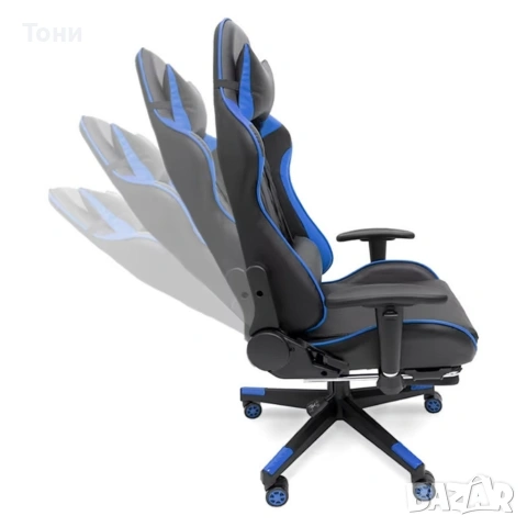 Геймърски стол за релакс с масаж и подложка за крака – син, снимка 8 - Столове - 53239985