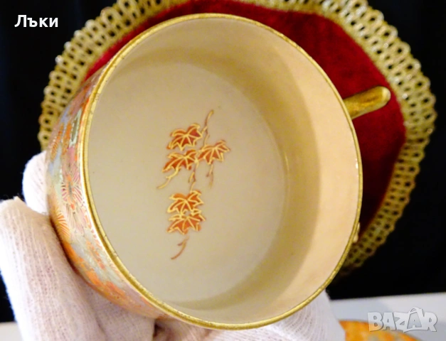 Чаша с чинии японски порцелан Satsuma Shosan Meiji,злато. , снимка 5 - Антикварни и старинни предмети - 53249715