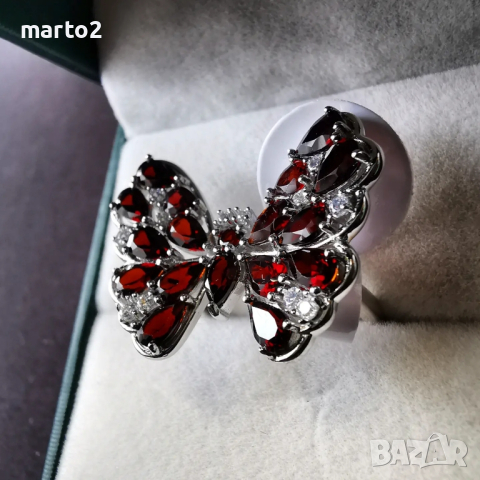 Сребърен 925 пръстен - Пеперуда с Родиево покритие и Натурални Гранати и Циркони!, снимка 2 - Пръстени - 44698842