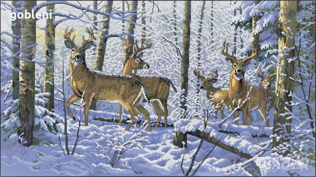 гоблен „ЕЛЕНИ В ЗИМНА ГОРА“ ДПМ-размери/40-23/см.; 32 цвята – 47лв., снимка 2 - Гоблени - 38580472