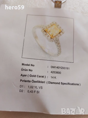 Дизайнерски дамски златен пръстен 14к с 1 карат натурален жълт Брилянт,форма принцес и бели брилянти, снимка 10 - Пръстени - 51317440