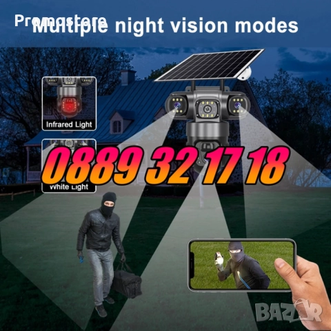4G Соларна Камера със SIM карта 3 Обектива 12MP, 4G 6K UHD, Нощно Виждане и Детекция на Движение, снимка 4 - IP камери - 51639015