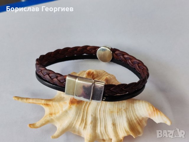 Кожена гривна със сребърни елементи, снимка 3 - Гривни - 44492444