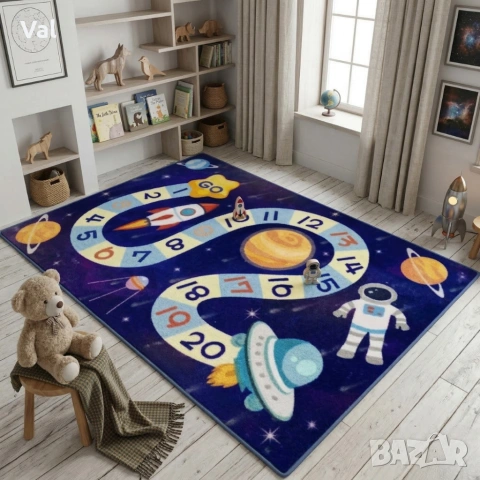 Детски килим за игра 120х160см - Тъмносин килим с космос и пътека от числа, противоплъзгащ и миещ се, снимка 4 - Килими - 53932513