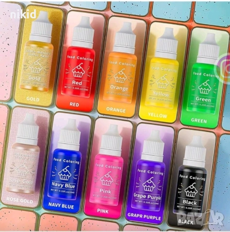 10 цвята течна сладкарска боя оцветител за фондан крем сметана тесто декорация украса, снимка 2 - Други - 52830527