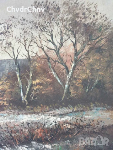 120х90см/стара голяма картина масло върху платно/пейзаж/село-река-мост/дървена рамка, снимка 8 - Картини - 51131255