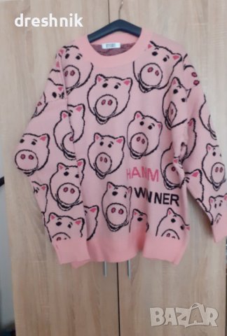 Oversized Harajuku Пуловер розов прасета pig winner, снимка 2 - Блузи с дълъг ръкав и пуловери - 36950503