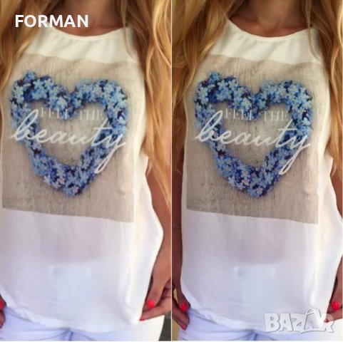 Бял потник с щампа сърце от сини цветя, снимка 1