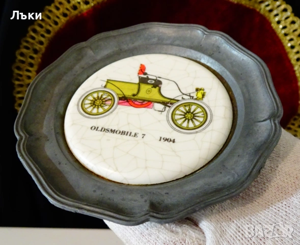 Калаена чиния,пано с ретро автомобил от 1904 г. , снимка 4 - Антикварни и старинни предмети - 54058646